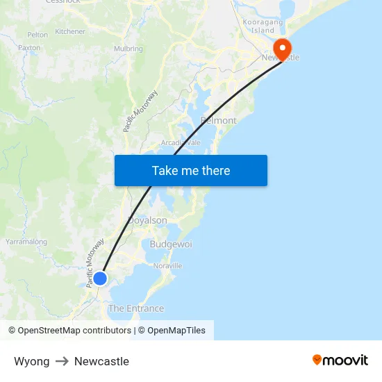 Wyong to Newcastle map