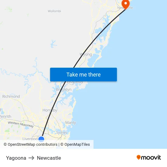 Yagoona to Newcastle map