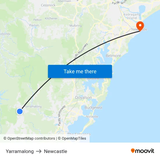 Yarramalong to Newcastle map