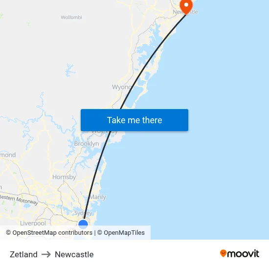 Zetland to Newcastle map
