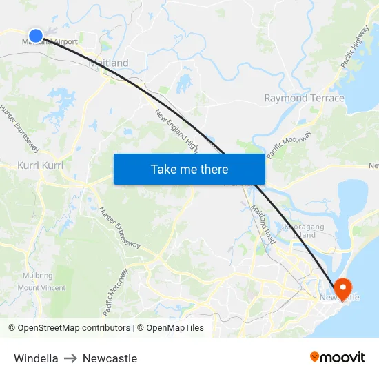 Windella to Newcastle map