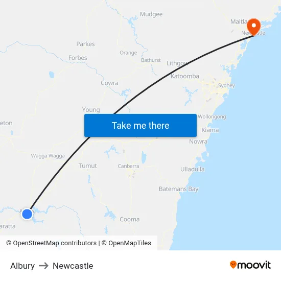 Albury to Newcastle map