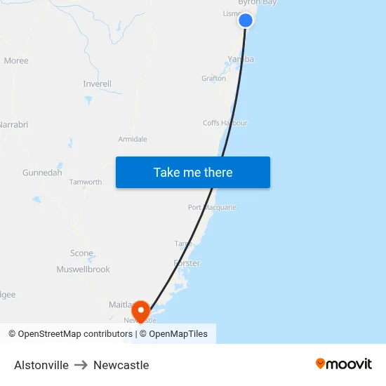 Alstonville to Newcastle map
