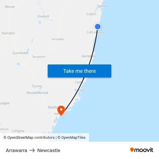 Arrawarra to Newcastle map