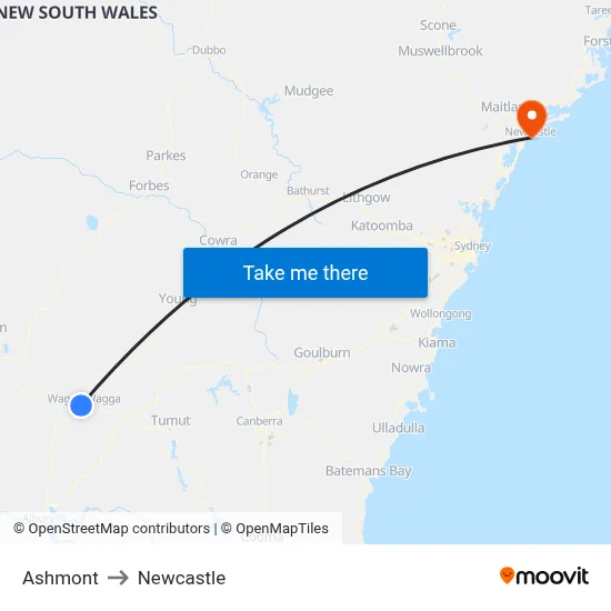 Ashmont to Newcastle map