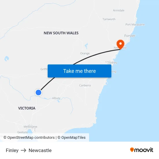 Finley to Newcastle map