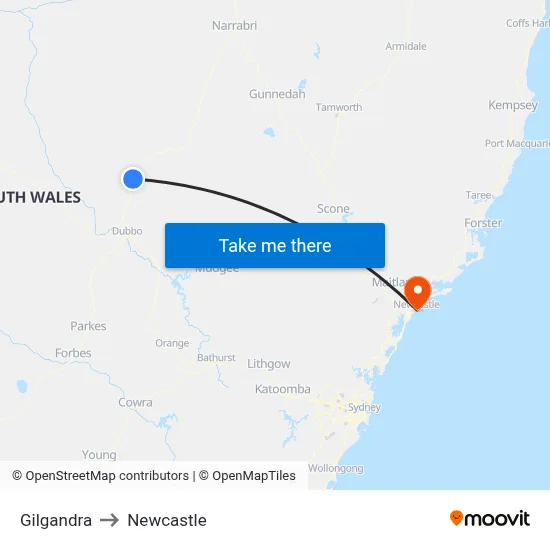 Gilgandra to Newcastle map