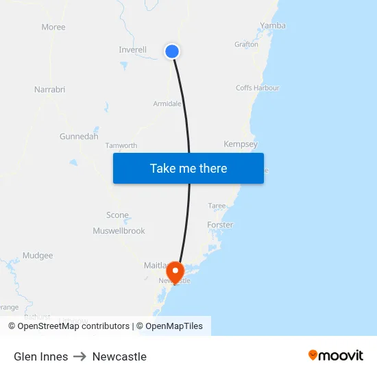 Glen Innes to Newcastle map