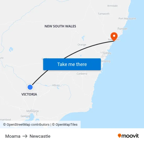 Moama to Newcastle map