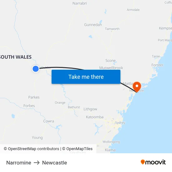 Narromine to Newcastle map