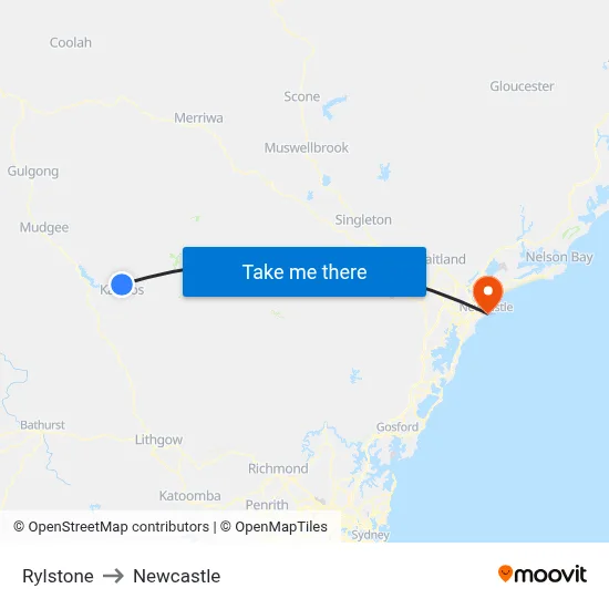 Rylstone to Newcastle map