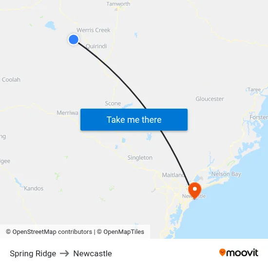 Spring Ridge to Newcastle map