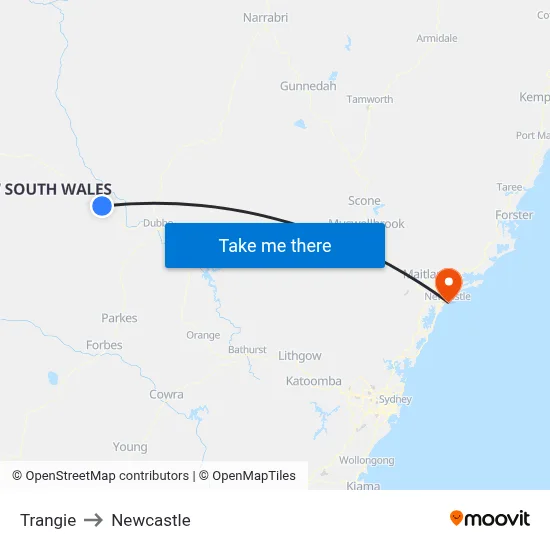 Trangie to Newcastle map