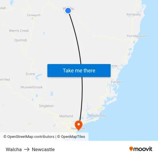 Walcha to Newcastle map