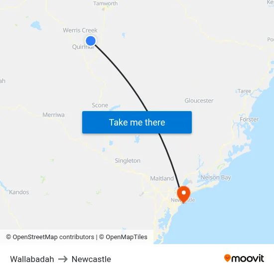 Wallabadah to Newcastle map