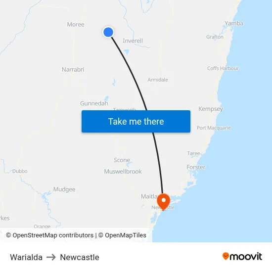 Warialda to Newcastle map