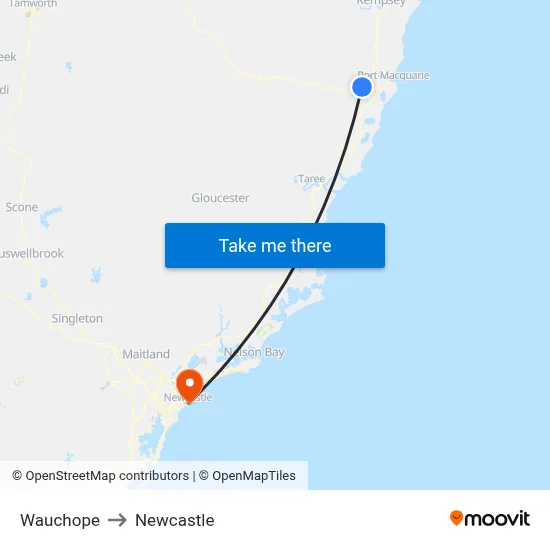Wauchope to Newcastle map