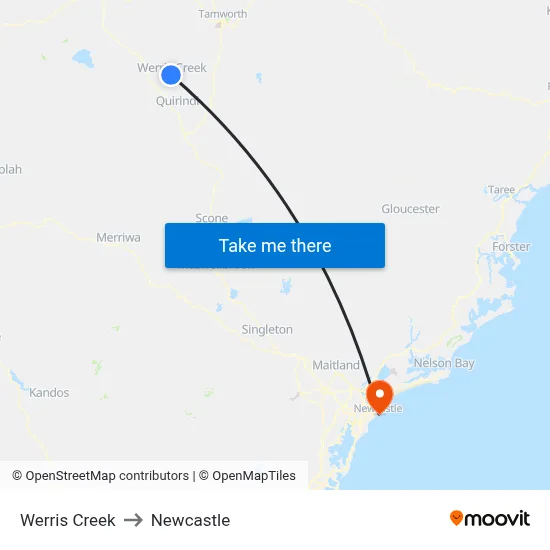 Werris Creek to Newcastle map