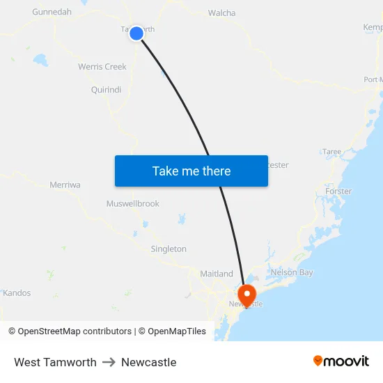 West Tamworth to Newcastle map