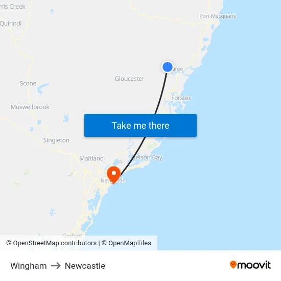 Wingham to Newcastle map