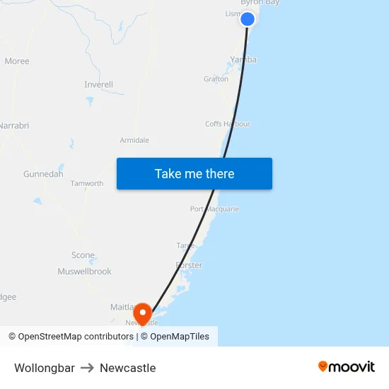 Wollongbar to Newcastle map
