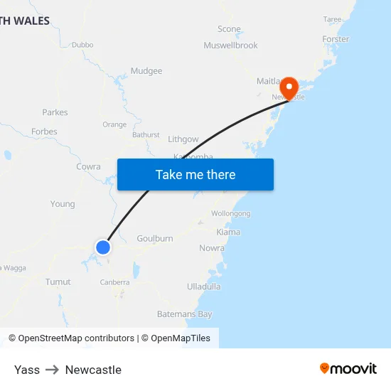 Yass to Newcastle map