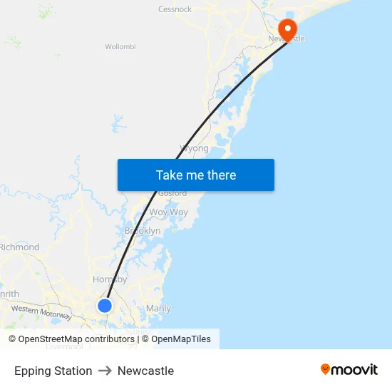 Epping Station to Newcastle map