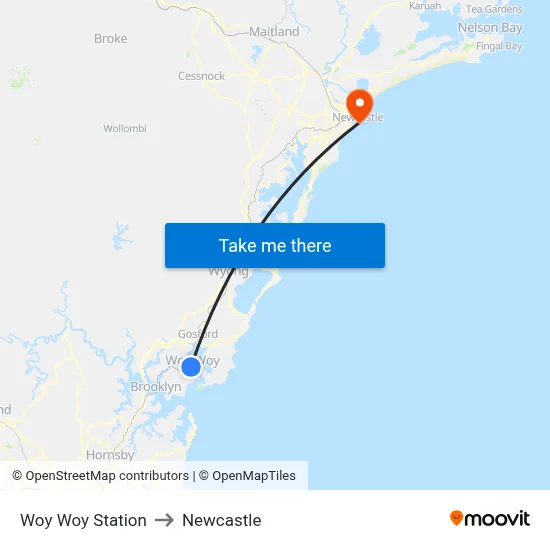 Woy Woy Station to Newcastle map