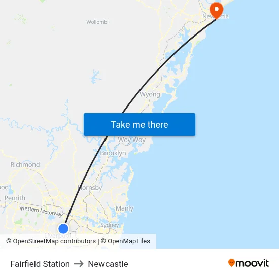 Fairfield Station to Newcastle map