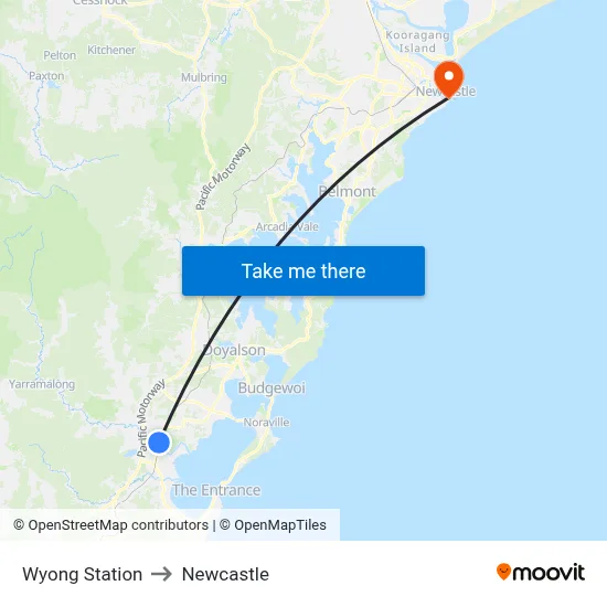 Wyong Station to Newcastle map