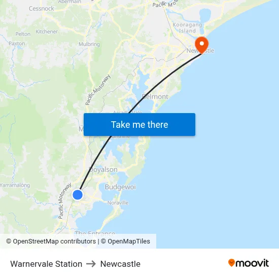 Warnervale Station to Newcastle map