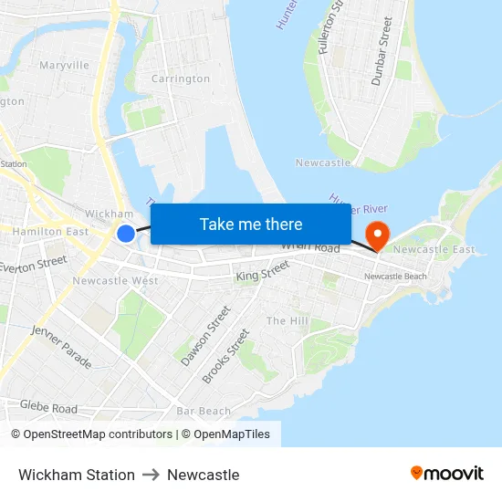 Wickham Station to Newcastle map