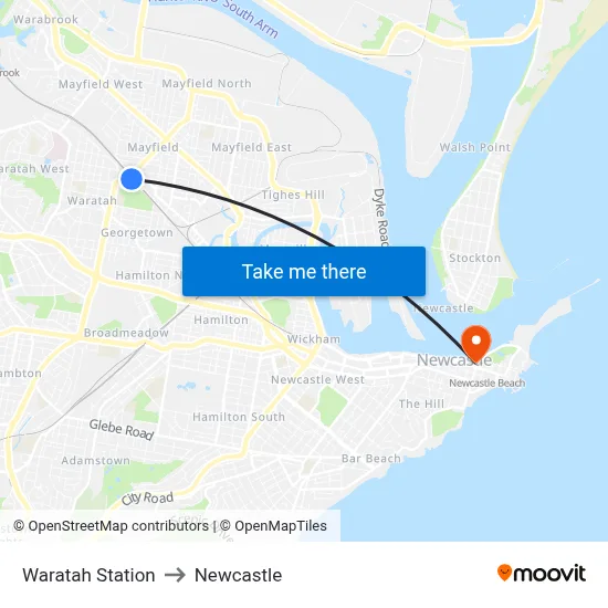 Waratah Station to Newcastle map