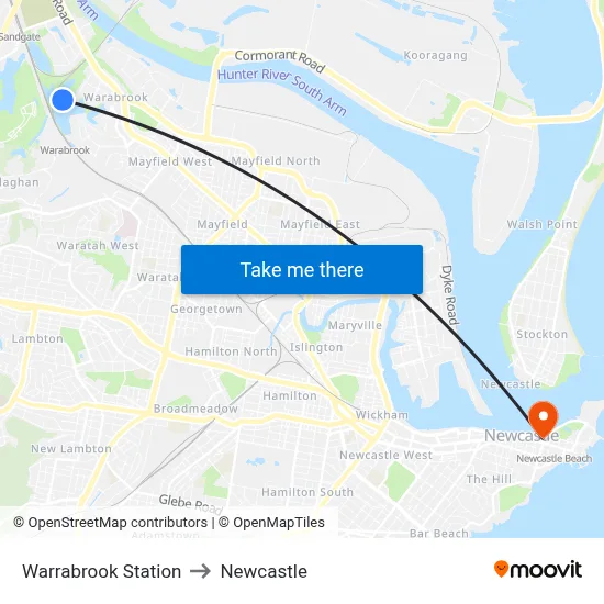 Warrabrook Station to Newcastle map