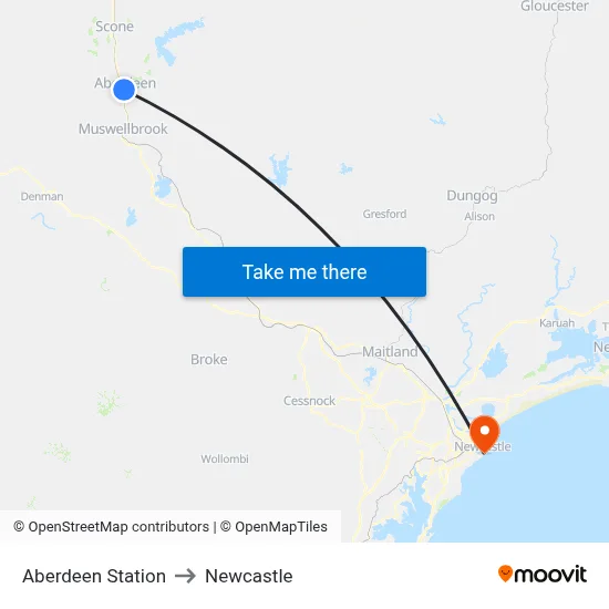 Aberdeen Station to Newcastle map