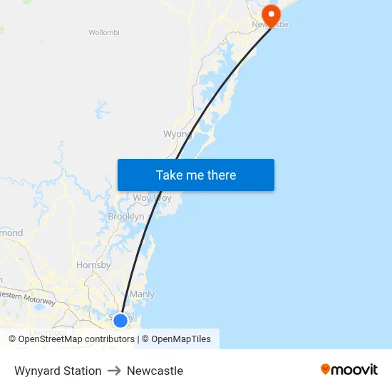Wynyard Station to Newcastle map