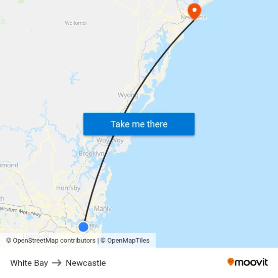 White Bay to Newcastle map