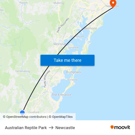 Australian Reptile Park to Newcastle map