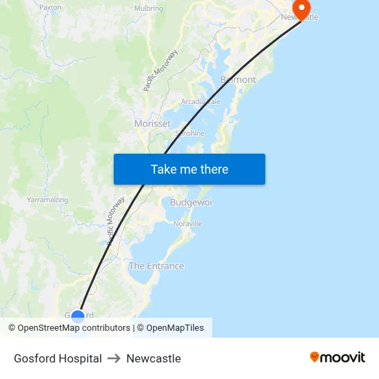 Gosford Hospital to Newcastle map