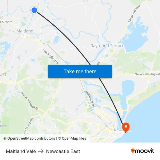 Maitland Vale to Newcastle East map