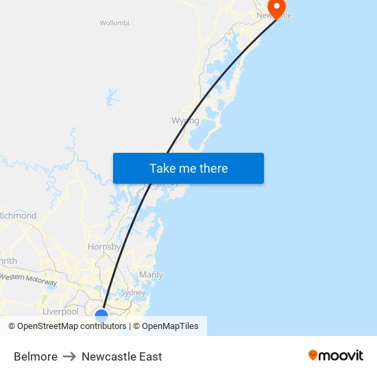 Belmore to Newcastle East map