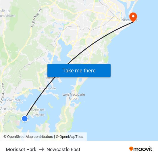 Morisset Park to Newcastle East map