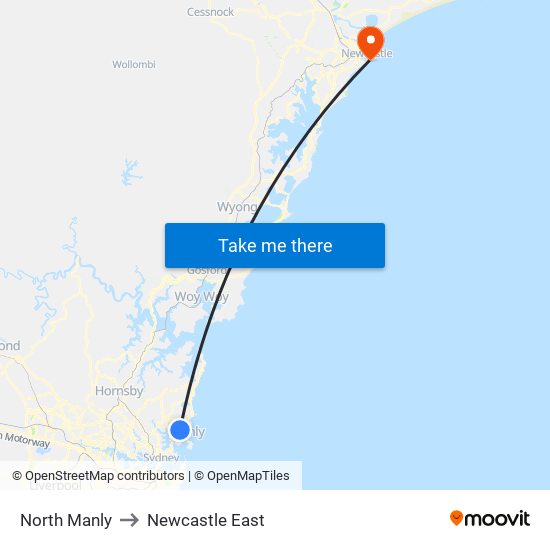 North Manly to Newcastle East map