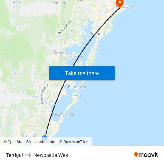 Terrigal to Newcastle West map