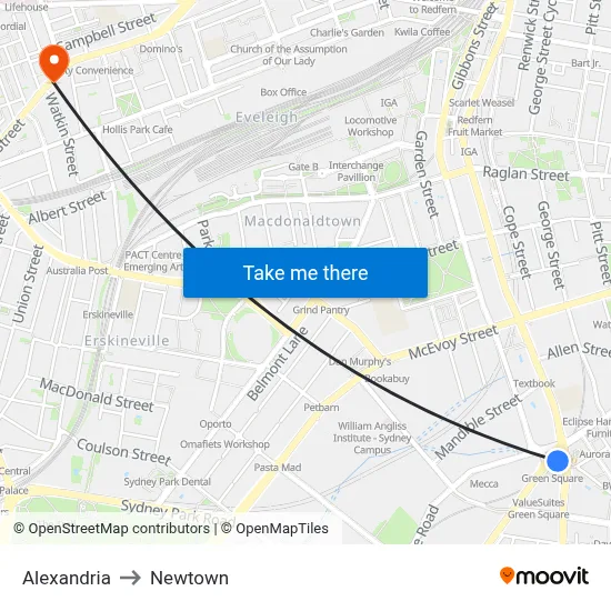 Alexandria to Newtown map