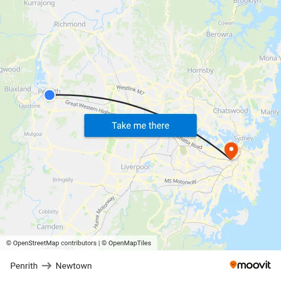Penrith to Newtown map