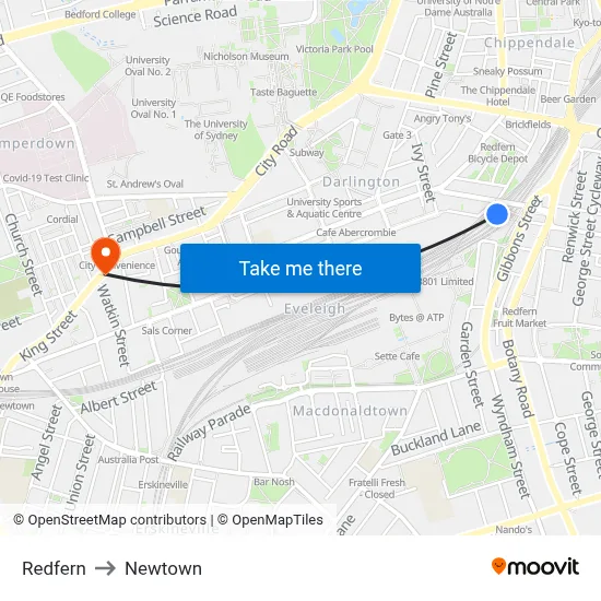 Redfern to Newtown map