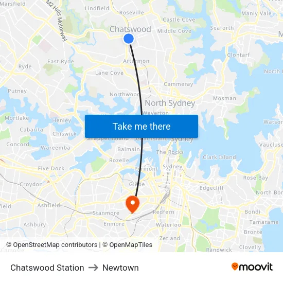 Chatswood Station to Newtown map