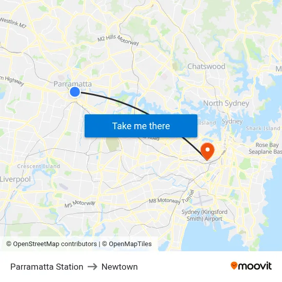 Parramatta Station to Newtown map