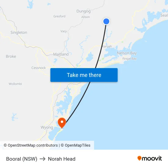 Booral (NSW) to Norah Head map